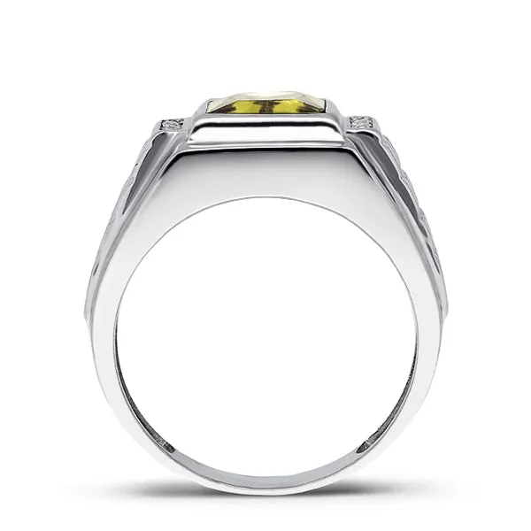 Solid 14K White Gold Engagement Ring Citrine Gemstone and 0.08ct Natural Diamond Ring for Men