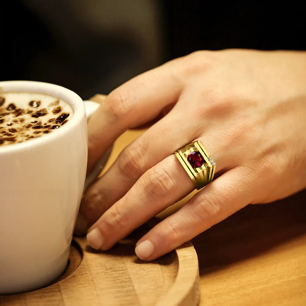 Solid 18K YELLOW GOLD Mens Ring with Red Ruby and 2 GENUINE DIAMONDS