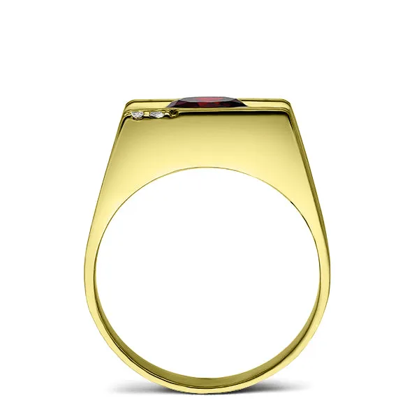 Solid 18K YELLOW GOLD Mens Ring with Red Ruby and 2 GENUINE DIAMONDS