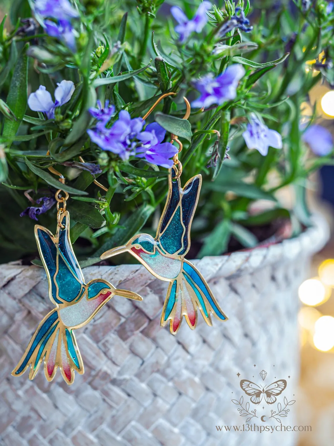 Stained glass inspired hummingbird earrings