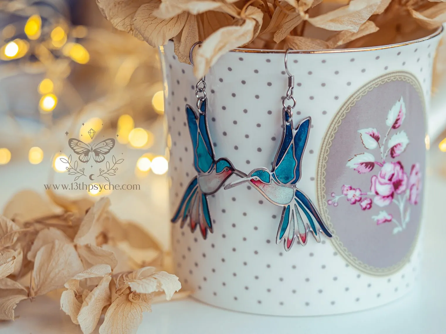 Stained glass inspired hummingbird earrings