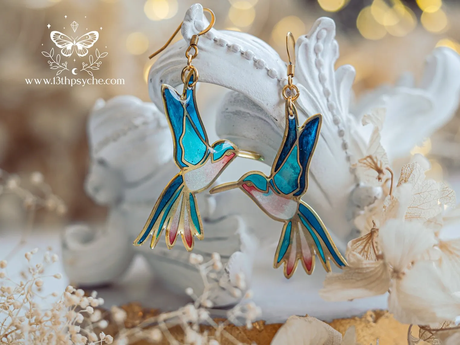 Stained glass inspired hummingbird earrings