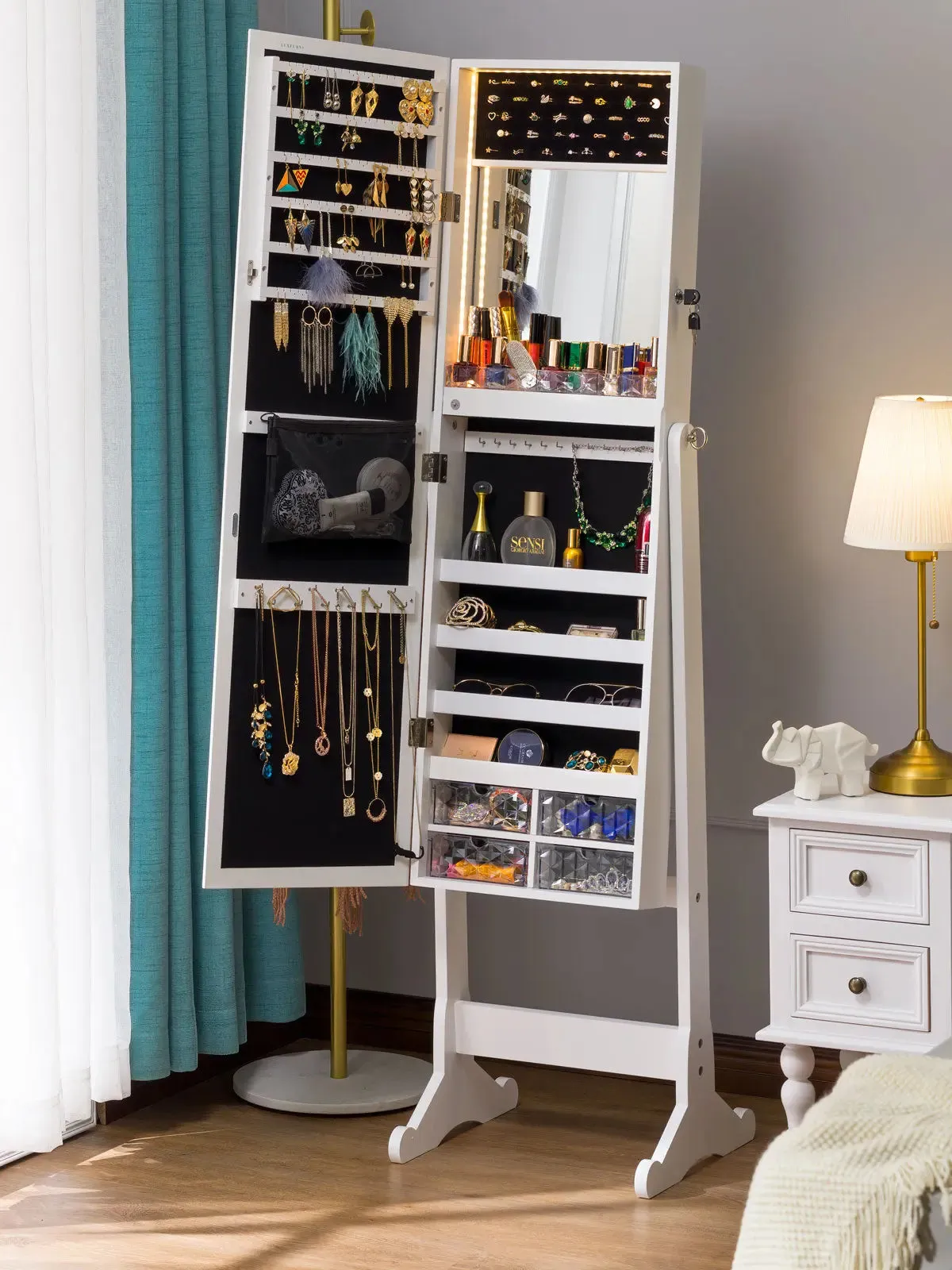 Stella 6 Standing Jewelry Armoire Full Length Mirror With Built-in Lights – White