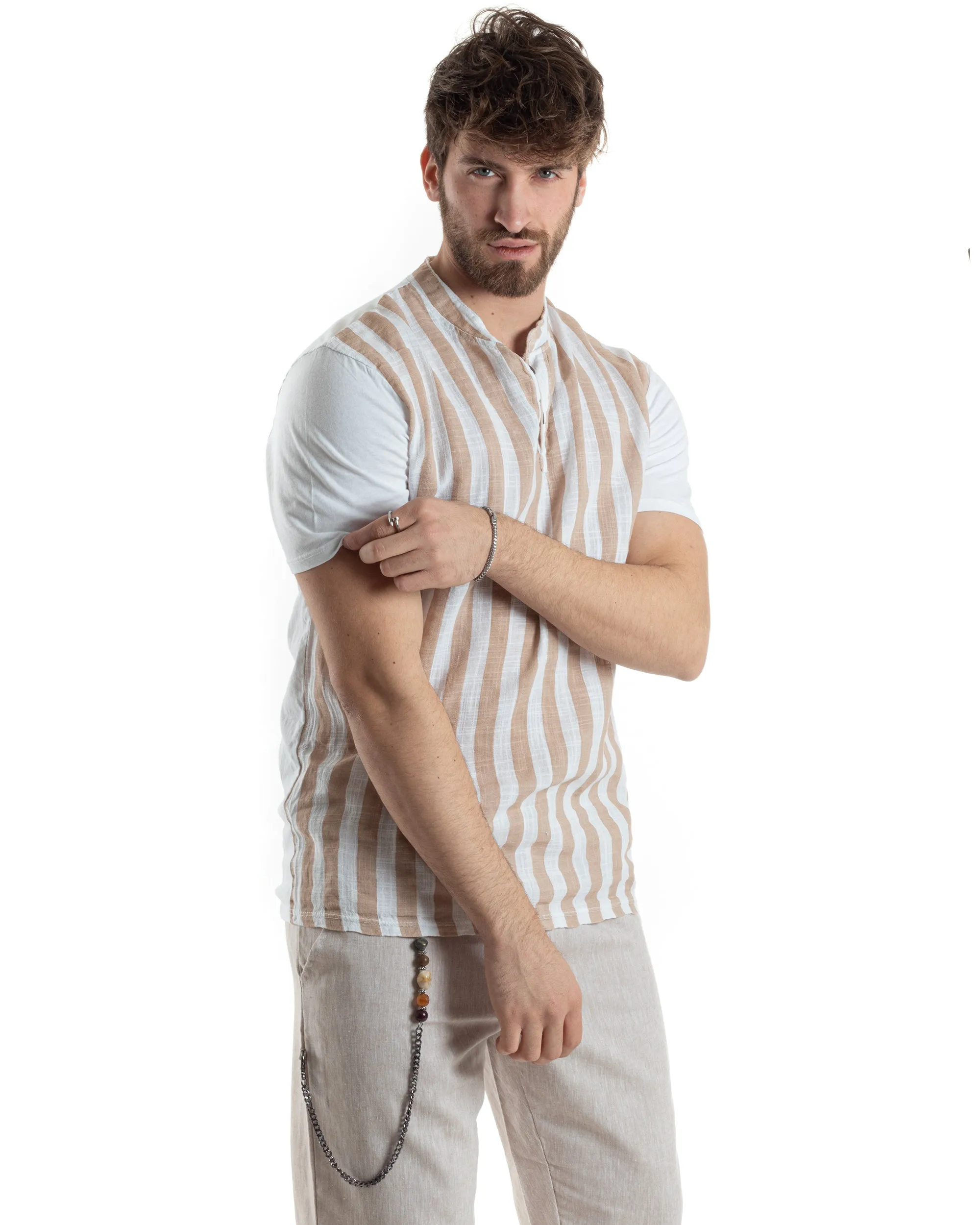 T-shirt Uomo Maniche Corte Serafino Con Bottoni Cotone Lino Casual Rigata Bicolore Beige GIOSAL-TS3029A