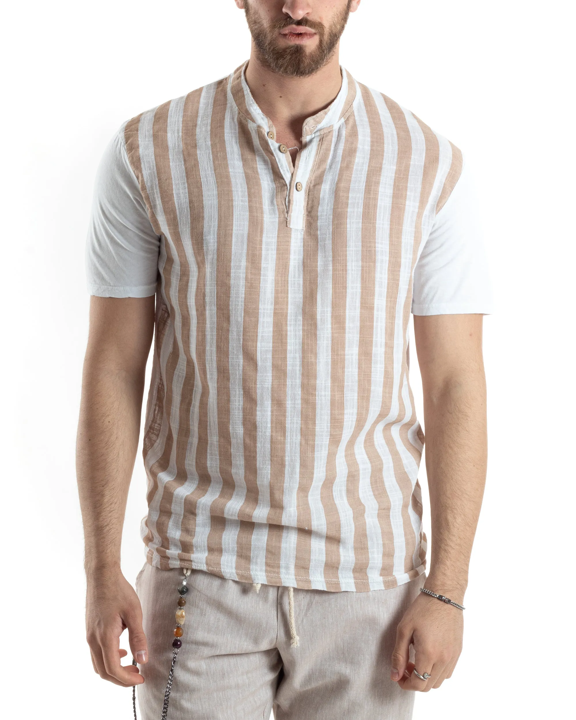 T-shirt Uomo Maniche Corte Serafino Con Bottoni Cotone Lino Casual Rigata Bicolore Beige GIOSAL-TS3029A