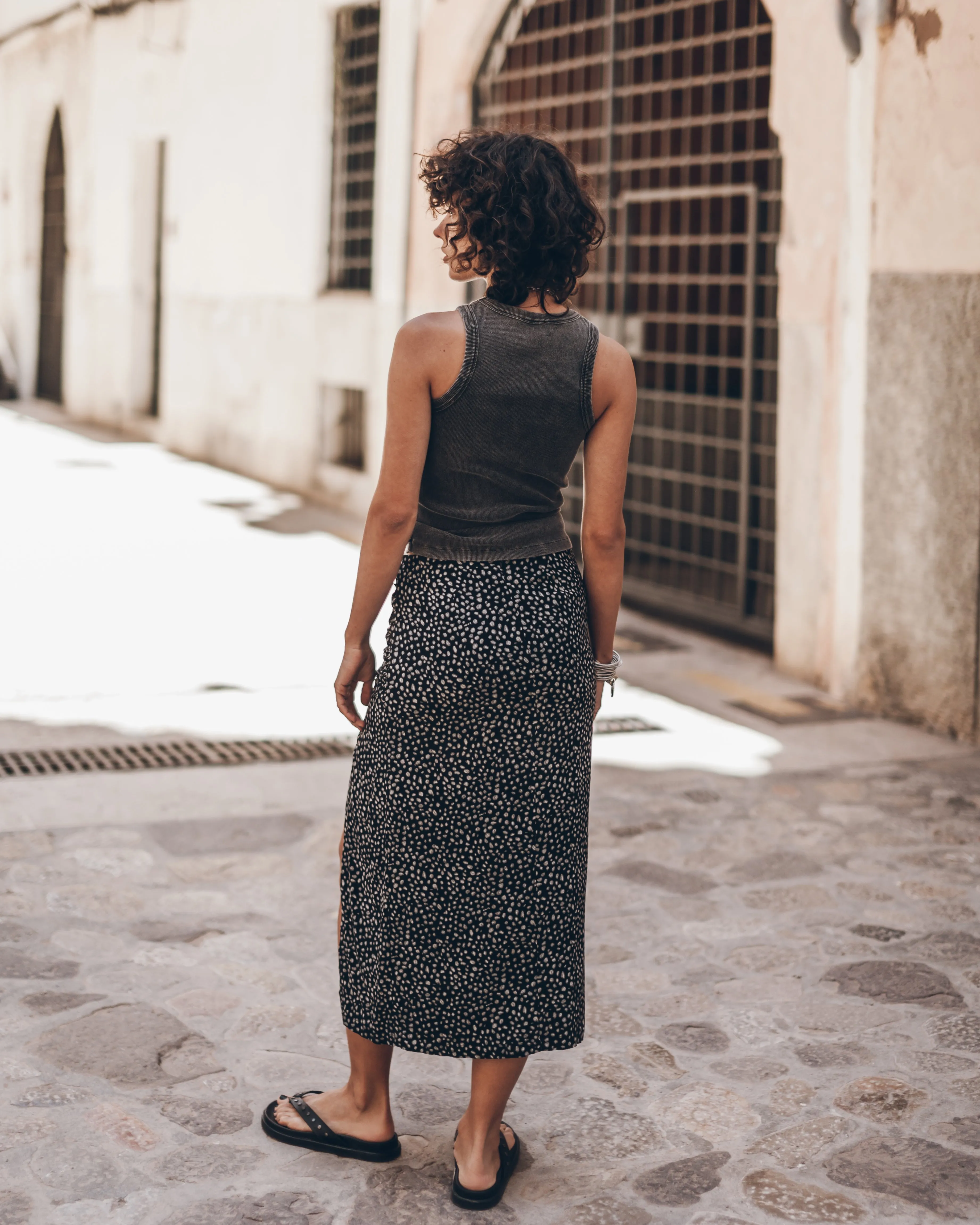 The Black Dotted Long Slit Skirt