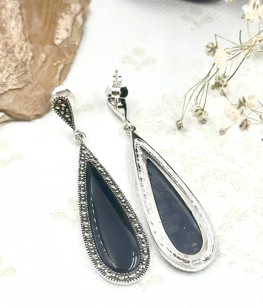 The Silver Marcasite Earrings (Black)