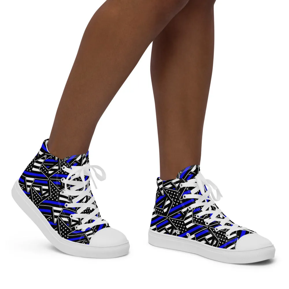 Thin Blue Line Star Pattern Women’s High Top Canvas Shoes