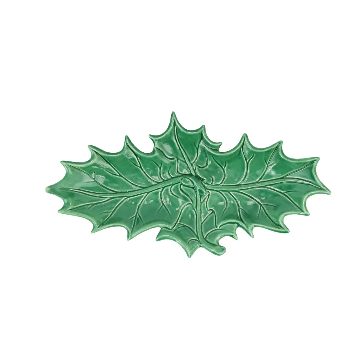 VIETRI Lastra Evergreen Holiday Figural Holly Two Leaf Platter