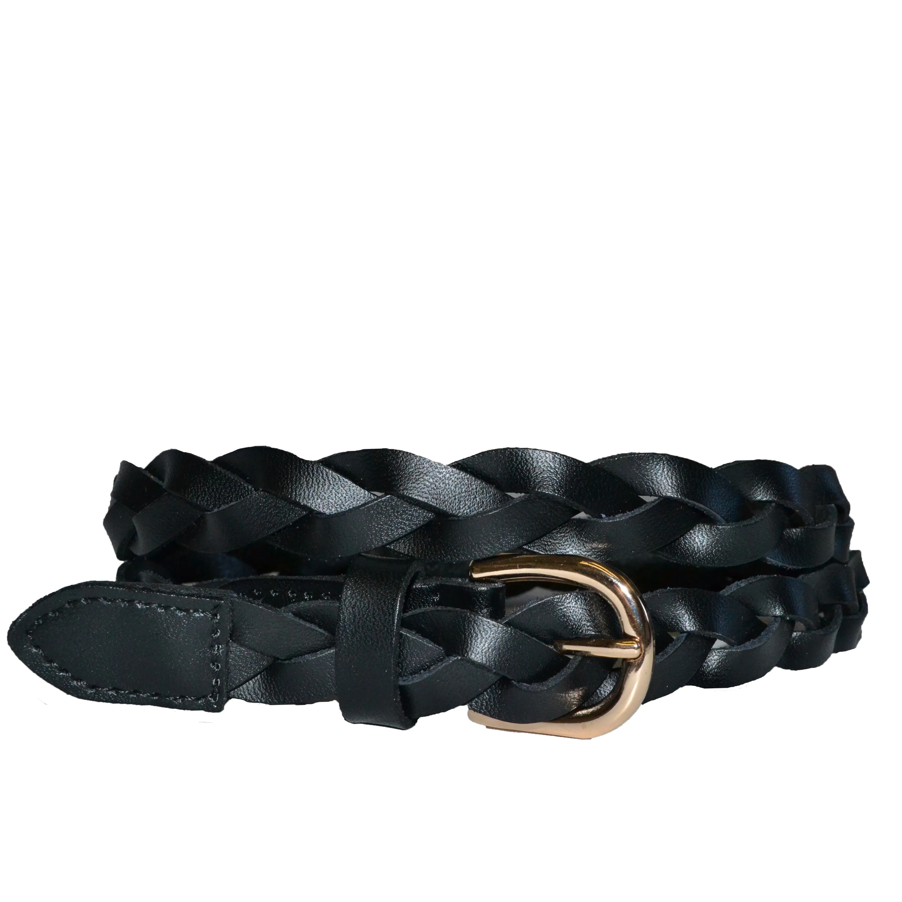 Waverly | Black Skinny Leather Plaited Belt with Gold Buckle