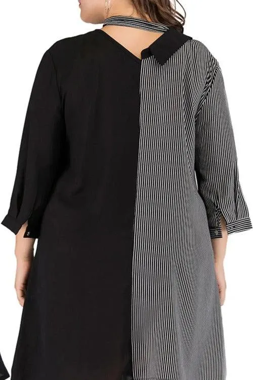 Women's Plus Striped Asymmetrical Hem Black Dress