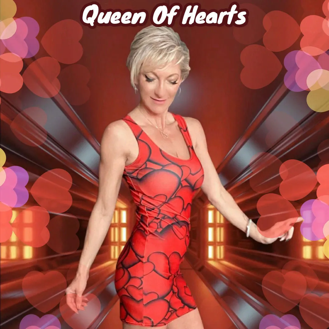 Womens Queen of Hearts Print Spandex Bodycon Dress - Dark Red