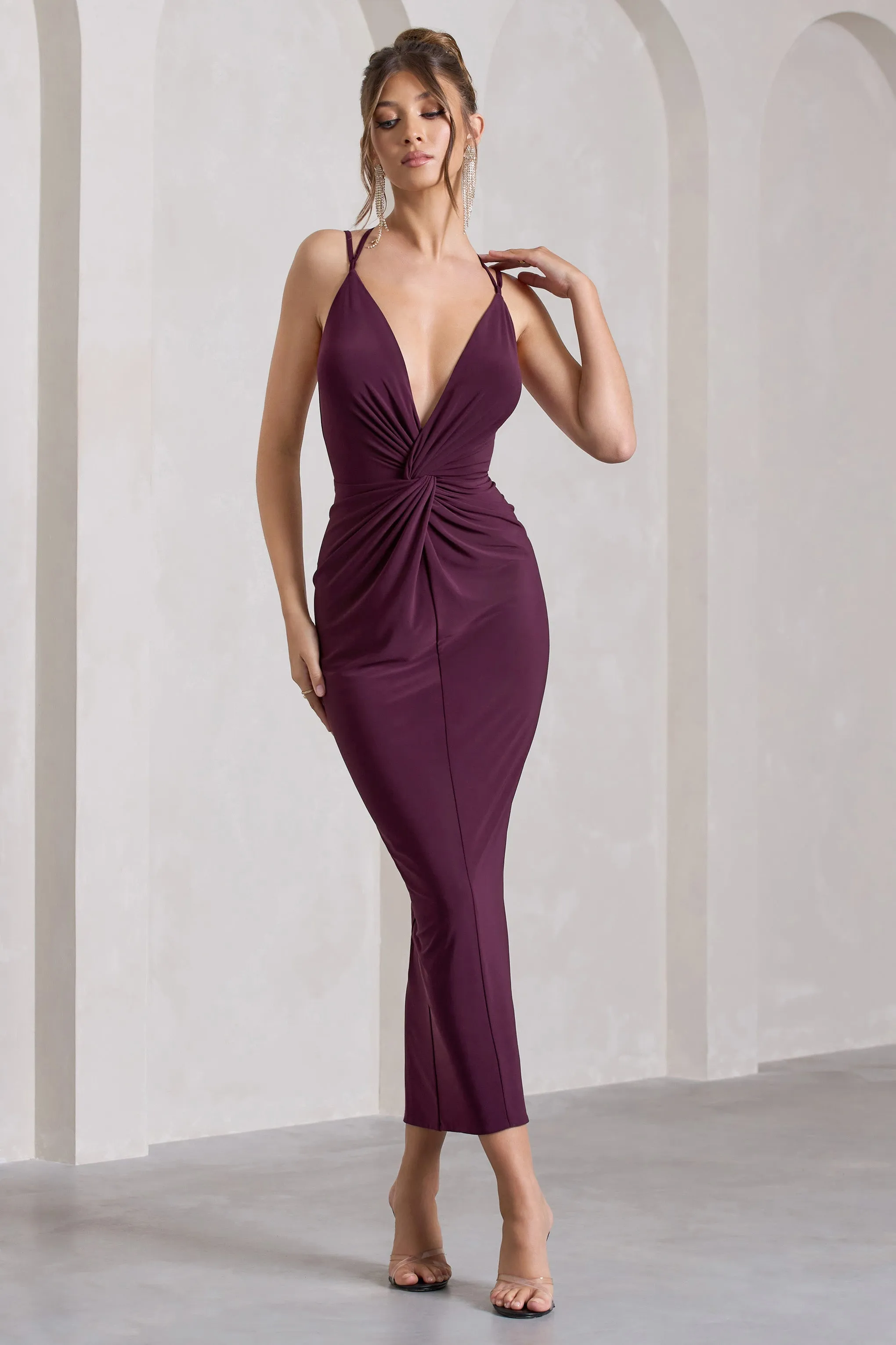 Yvette | Plum Plunge-Neck Twisted Maxi Dress With Cross-Back